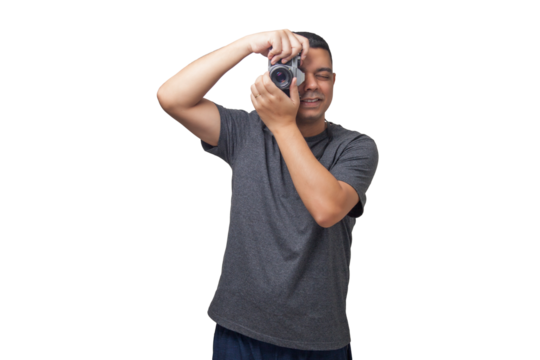 Portrait of photographer with vintage camera on neutral background. Photographer concept. Portrait concept. Copy space.