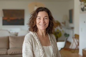 Obraz premium Portrait of a satisfied woman in her 40s smiling at the camera on crisp minimalistic living room