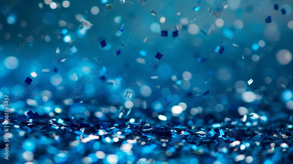 Poster abstract background image featuring falling blue glitter particles with a shiny bokeh effect, evokin