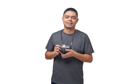 Portrait of photographer with vintage camera on neutral background. Photographer concept. Portrait concept. Copy space.