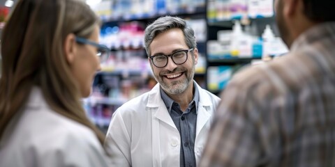 Fototapeta premium Happy Pharmacy Male Consultant Assisting Customer with Prescription. Female Pharmacist Providing Detailed Instructions to Client. Understanding Customer Listening to Professional Advice. Nurses Day, H
