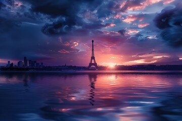 Paris city silhouette night town on horizon dramatic blue lilac sunset cloudy sky on sea before storm France Europe countries nature landscape Banner copy space template logo