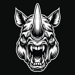 Obraz premium Dark Art Scary Angry Beast Rhino Skull Head with Sharp Horn Black and White Illustration