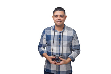 Portrait of photographer with vintage camera on neutral background. Photographer concept. Portrait concept. Copy space.