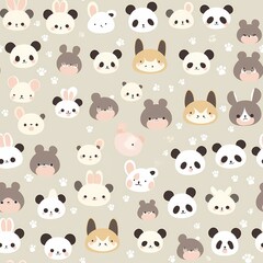 Obraz premium A seamless vector illustration pattern featuring cute chibi animals. Include various chibi animals such as cats, dogs, pandas, and rabbits. Each animal should be depicted in an adorable, exaggerated