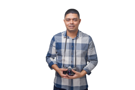 Portrait of photographer with vintage camera on neutral background. Photographer concept. Portrait concept. Copy space.