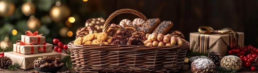 A wicker basket filled with festive treats, surrounded by presents and holiday decorations.