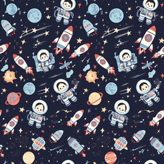 Naklejka premium A seamless vector illustration pattern featuring chibi space elements. Include cute, chibi-style illustrations of astronauts, rockets, planets, and stars. Each element should be depicted in a