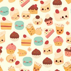A seamless vector illustration pattern featuring chibi desserts. Include cute, chibi-style illustrations of cakes, cupcakes, cookies, and macarons. Each dessert should have a happy, smiling face and