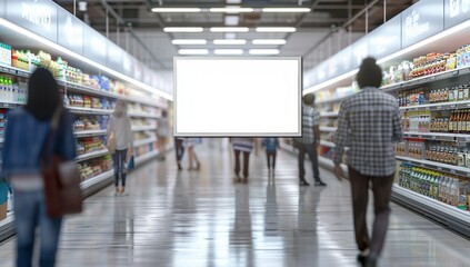 Obraz premium Photo of a blank billboard hanging in the center of an empty supermarket, with blurred people walking around and shelves filled with products.