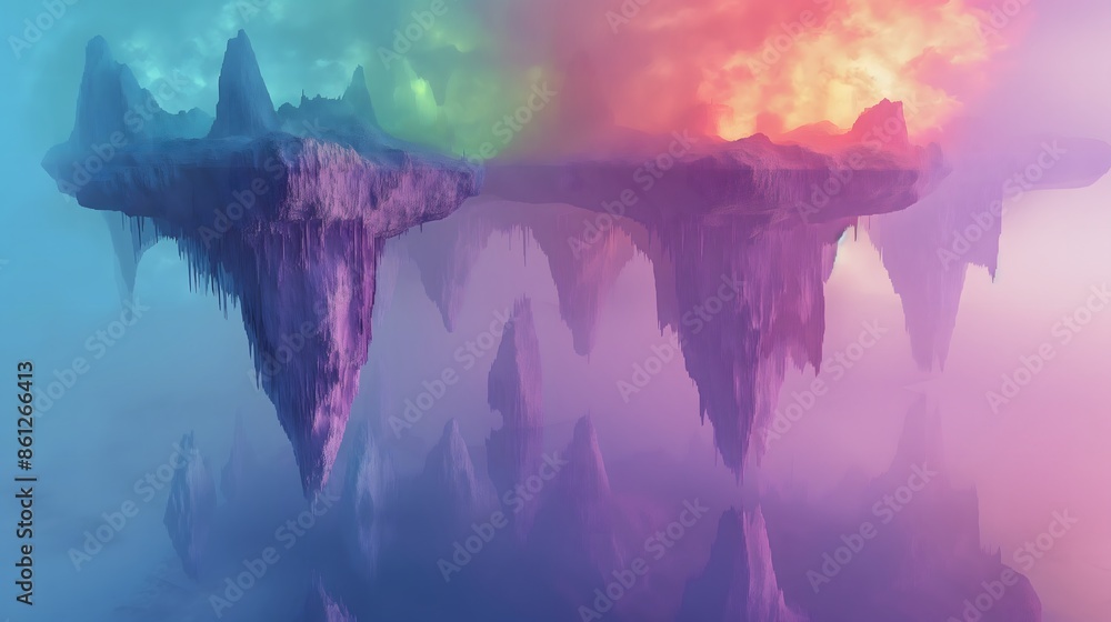 Poster 9. craft an otherworldly landscape of floating islands composed of gradient-colored liquid blobs, bl