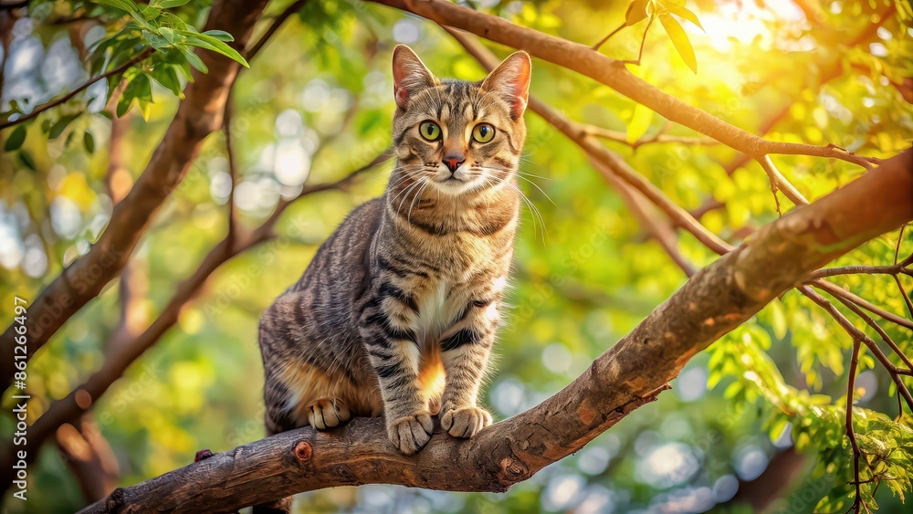 Canvas Prints Cat perched on a tree branch , feline, pet, animal, tree, branch, cute, adorable, whiskers, fur, nature