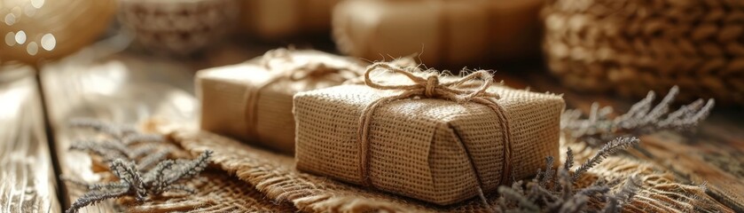 Obraz premium Two rustic wrapped gifts sit on a wooden surface with dried flowers and greenery.
