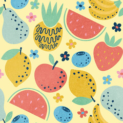 Fruits seamless pattern. Cartoon colorful background with fruit in simple hand drawn style. Pastel trendy colors background for children. Summer print. Perfect for stationery, fabric, packaging.