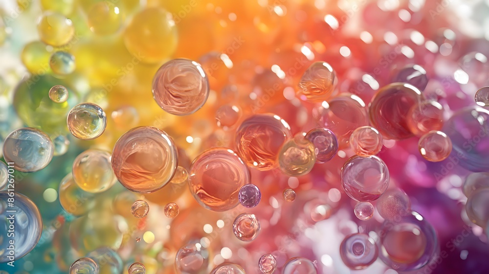 Poster 7. arrange a cascade of translucent, gradient liquid blobs descending gracefully in size and color i