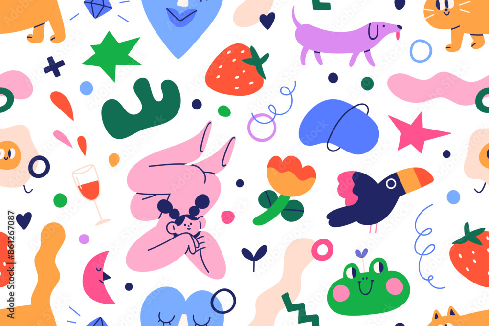Fototapete Cute funny pattern. Seamless texture design with whimsical colorful elements. Creative and playful background. Endless repeating funky print. Flat vector illustration for fabric, wrapping, wallpaper