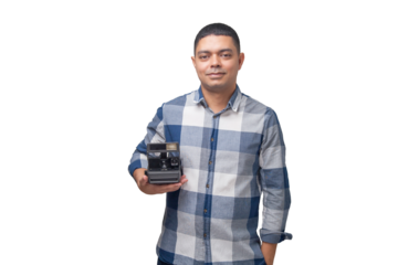 Portrait of photographer with vintage camera on neutral background. Photographer concept. Portrait concept. Copy space.