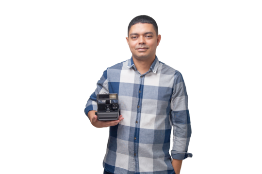 Portrait of photographer with vintage camera on neutral background. Photographer concept. Portrait concept. Copy space.