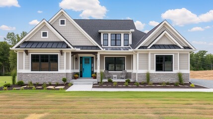 Obraz premium Gray new construction modern cottage home with hardy board siding and teal door, featuring excellent curb appeal.