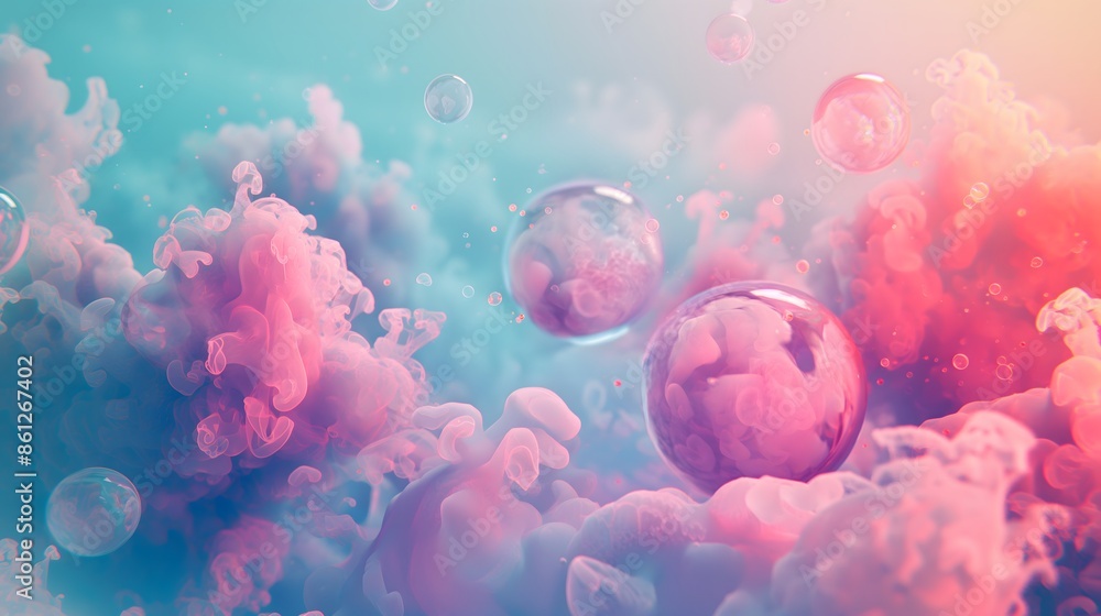 Poster 8. design a serene underwater scene with gradient-colored liquid blobs floating weightlessly, their 