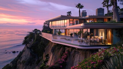 A stunning modern house on a cliff overlooking the ocean at sunset, with an infinity pool, a luxury...