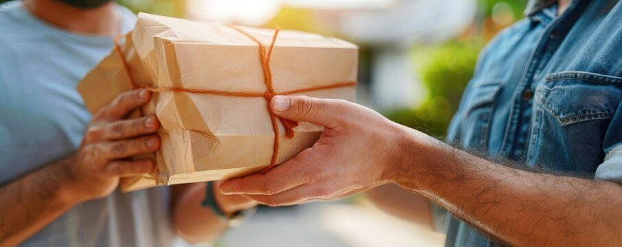 Courier handing package to smiling customer at doorstep, delivery service, online shopping