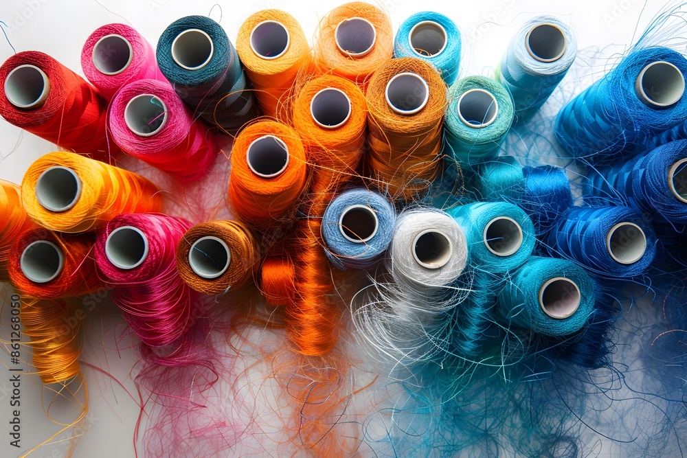 Poster close-up of multiple thread spools on table