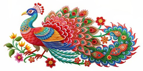 Obraz premium Chinese paper cut peacock with intricate details and vibrant colors , traditional, art, craft, China, culture, decoration