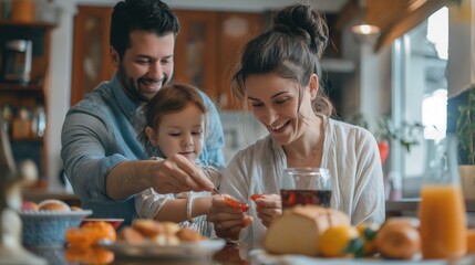 Family shot with parents and daughter at home having breakfast, spreading jam on bread at the table.