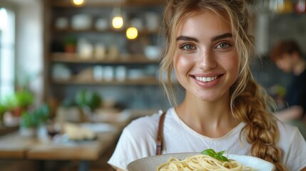Inside a quaint restaurant, a woman with braided hair flashes a broad smile and holds a bowl of spaghetti, symbolizing contentment and gastronomic delight.