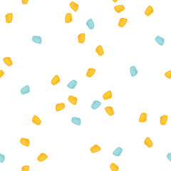 Seamless hand drawn pattern with cute watercolor yellow and turquoise colors dots isolated on white background