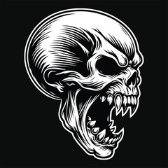 Obraz premium Dark Art Scary Skull Fang Head Black and White Illustration