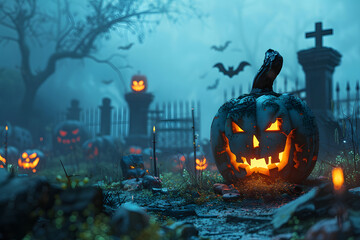 Fototapeta premium ハロウィハロウィンのジャック・オー・ランタン — 不気味な夜の風景とカボチャの飾りンと恐怖の館