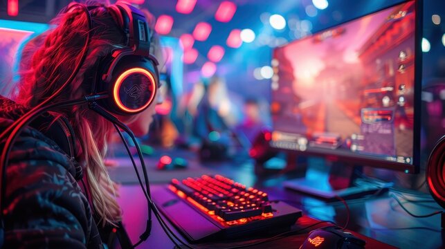 A dedicated gamer intensely playing a video game on a powerful computer setup with vibrant neon lighting, using a high-quality gaming headset and keyboard.