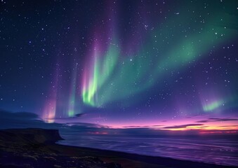 Double band northern lights in Iceland. Rocky foreground with the last glimmer of sun on the horizon. Deep blue, Purple and green colors