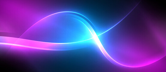 Neon glowing circle rays, light round lines in the dark, planet style neon wave lines. Energetic electric concept design for wallpaper, banner, background