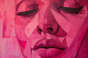 Abstract Geometric Pink Portrait of a Woman with Closed Eyes and Detailed Lips in a Stylized Expression