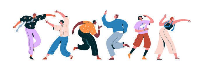 Dancing people at disco party. Happy joyful characters in energetic movements, positions. Cool festive male and female characters celebrating. Flat vector illustration isolated on white background