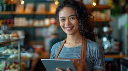 A smiling barista wearing an apron is holding a tablet in a modern coffee shop, looking ready to take orders, contributing to a welcoming and enjoyable customer experience.