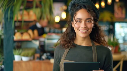 Smiling woman holding a tablet, standing in a cozy, warmly lit coffee shop with various plants and a background of pastries and coffee-making equipment.