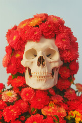 Floral Skull with Red and Orange Flowers - Day of the Dead Concept