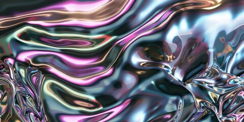 Obraz premium Glossy Rainbow Metallic Fluid Chrome Mirror Water Effect Background Texture. 3D Rendering, Graphics, Special Material, Light, Flowing Curves, AI-Generated High-Resolution Wallpaper
