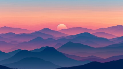 Obraz premium Aesthetic background showcasing a minimalist mountain range at sunrise, with muted tones of blue, purple, and orange creating a tranquil atmosphere.