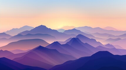 Obraz premium Aesthetic background showcasing a minimalist mountain range at sunrise, with muted tones of blue, purple, and orange creating a tranquil atmosphere.