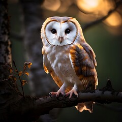 Wise Barn Owl Perched on Tree Branch at Dusk with Heart-Shaped Face

