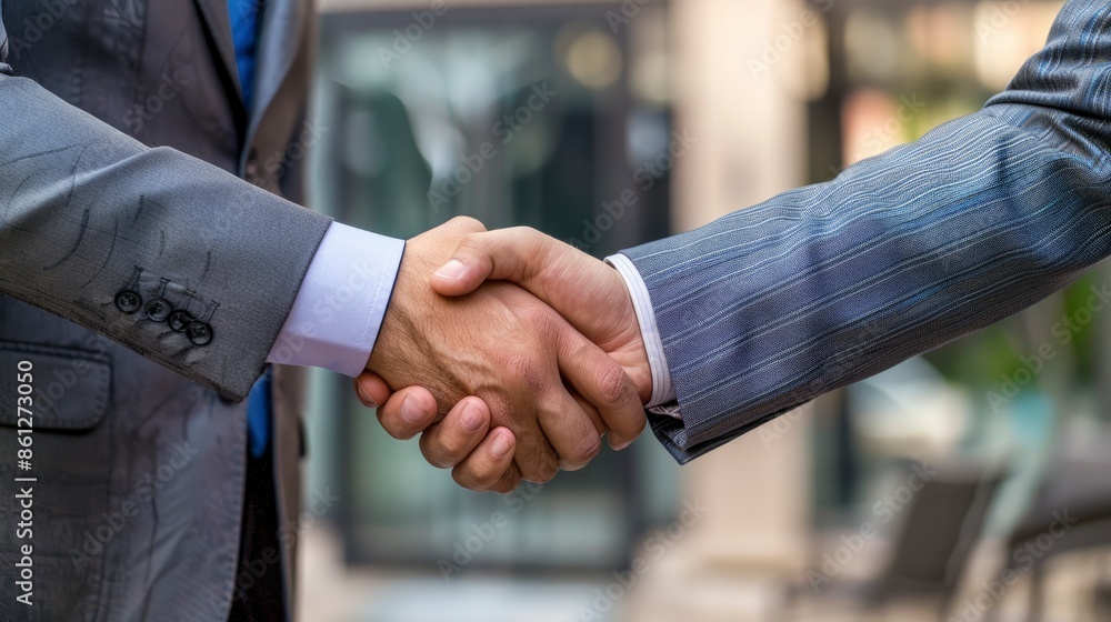 Wall mural two businessmen shaking hands during a meeting, their agreement solidifying a partnership