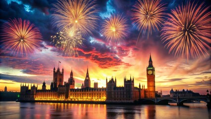 Fototapeta premium Dramatic vibrant sky adorned with bursting fireworks serves as backdrop for iconic parliamentary buildings' majestic silhouette.