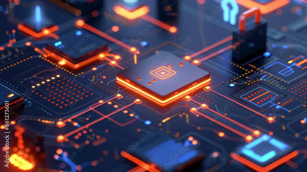 Poster close-up of a modern microchip with glowing circuits and connections, representing advanced technolo