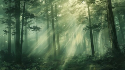 Obraz premium Aesthetic background of a dreamy forest scene with mist and dappled sunlight filtering through tall trees, rendered in soft, calming greens and browns.