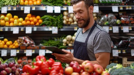 A man in a grocery store wearing an apron, using a tablet while surrounded by fresh vegetables and fruits, representing modern retail and inventory management.